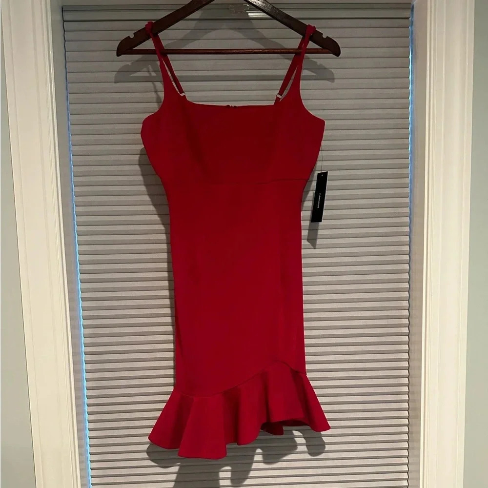 Lulu’s red cocktail dress spaghetti strap flared asymmetric mini dress